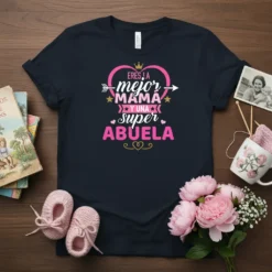 Eres ¡La Mejor Mamá Y Una Super Abuela Spanish quote t-shirt with pink heart and crown graphic