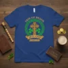 Erin Go Bragh Ireland Forever Celtic cross design with shamrocks on a royal blue t-shirt