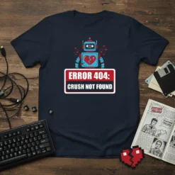 Error 404: Crush Not Found T-Shirt with a blue robot graphic and broken heart