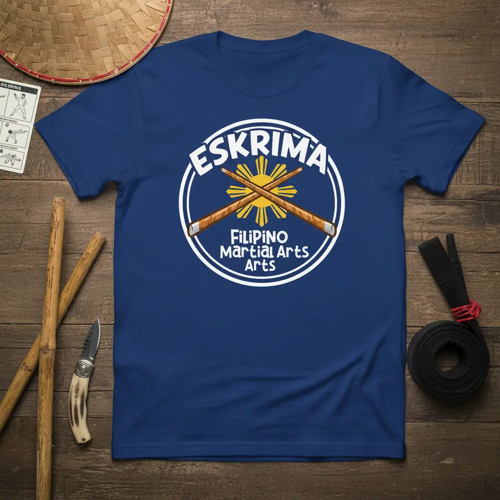 Eskrima Filipino Martial Arts emblem with crossed sticks and sunburst on blue t-shirt