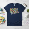 ESL teacher t-shirt with colorful brick alphabet letters and script text "teacher"