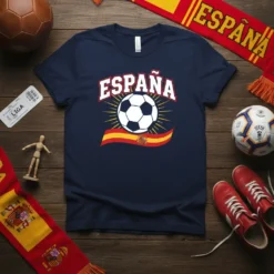 Navy blue t-shirt with "España" text, soccer ball, and Spanish flag colors, designed for soccer fans