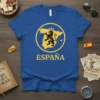 Blue t-shirt with yellow circle containing map of Spain and a black lion with crown, text ESPAÑA below