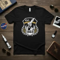 Est 1969 Rocket Earth T-Shirt design featuring a vintage rocket launching from Earth, with laurel leaves and gears