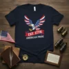 Navy t-shirt with EST. 1776 AMERICAN PRIDE text and an eagle graphic with American flag wings