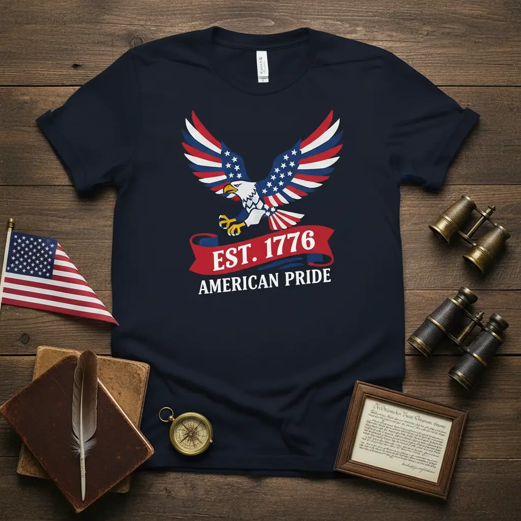 EST. 1776 AMERICAN PRIDE text with American eagle graphic on navy blue patriotic t-shirt