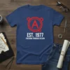 EST. 1977 FREEDOM THROUGH DESIGN detailed graphic design printed on comfortable cotton t-shirt