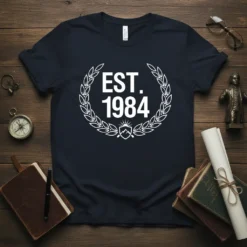 EST. 1984 design on a navy t-shirt with a white laurel wreath and mountain emblem