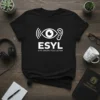 Black t-shirt with white ESYL Eye Speak You Listen design featuring an eye and ear graphic, representing communication concepts