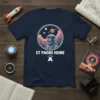 Navy t-shirt with "ET Phone Home" text, astronaut in space, and a UFO graphic