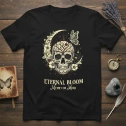 Eternal Bloom Memento Mori t-shirt with skull, crescent moon, flowers, and butterfly graphic