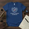 Eternal Cosmos Guardian text with a cosmic emblem on a blue t-shirt