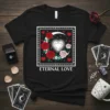 Black t-shirt featuring the text "Eternal Love" with a celestial design of roses, moon, and heart-shaped diamond