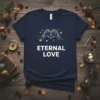 Eternal Love T-Shirt with skeleton hands forming a heart and celestial elements, navy blue tee