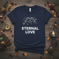 Eternal Love T-Shirt with skeleton hands forming a heart and celestial elements, navy blue tee