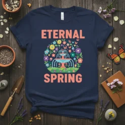 Eternal Spring text with a colorful floral circle framing a fountain graphic on a navy t-shirt