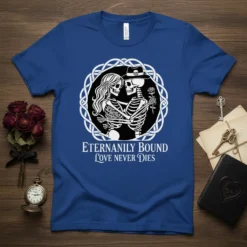 Eternally Bound Love Never Dies t-shirt featuring a gothic skeleton couple embracing within a Celtic knot design