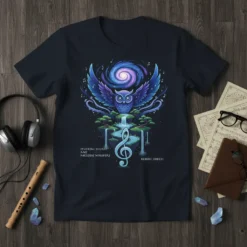 Ethereal Sounds and Melodic Whispers t-shirt with an owl, galaxy, waterfalls, and treble clef design