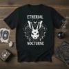 Black t-shirt with white text "ETHERIAL NOCTURNE" above a white graphic of a rabbit's head surrounded by moons and stars