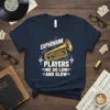 Navy t-shirt with "EUPHONIUM PLAYERS WE GO LOW AND SLOW" text and a golden euphonium graphic, featuring a heartbeat line