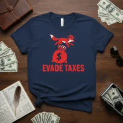 Evade Taxes t-shirt design with a red fox jumping over a money bag, bold red text below
