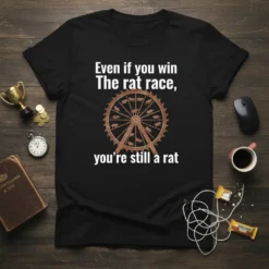 T-shirt with white text "Even if you win The rat race, you're still a rat" and a graphic of a