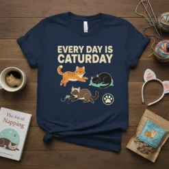 Every Day Is Caturday t-shirt with three cute cartoon cats playing and sleeping