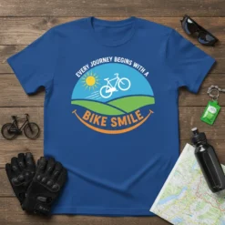Blue t-shirt with "EVERY JOURNEY BEGINS WITH A BIKE SMILE" text and a bicycle graphic, sun, and rolling hills