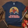 Everybody Was Pug Fu Fighting t-shirt featuring a pug in a martial arts pose with a sunset and pagoda graphic