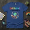 EVERYONE is welcome here quote on a blue t-shirt with diverse hands holding the Earth and doves graphic