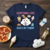 Everything I Love Hurts My Tummy text design with cute food graphics including pizza, boba, ice cream, and croissant