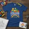 Everything Is Awesome building block quote t-shirt with rainbow and cartoon characters, vibrant and colorful