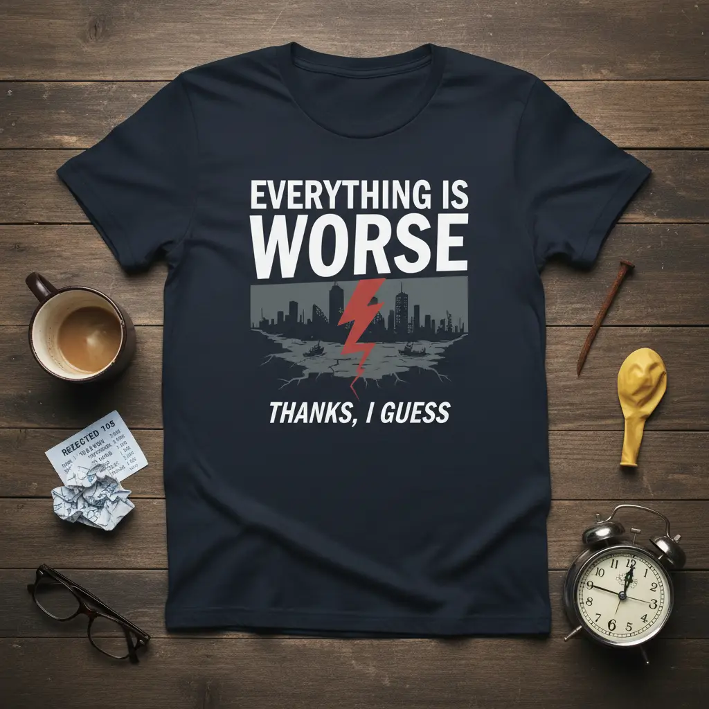 Everything is Worse Thanks I Guess quote on a navy t-shirt with dystopian city graphic and red lightning
