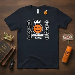 Evil Evolved Orange King t-shirt design featuring a crowned orange emoji and text "Evil Evolved," "Orange King," and "Evil 2