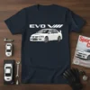 White Evo VIII car graphic with white "EVO VIII" text on a navy blue t-shirt