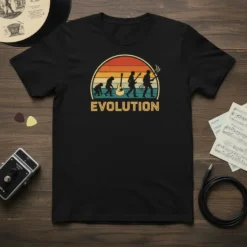 Black t-shirt with retro sunset graphic showing human evolution from ape to guitar player, text reads EVOLUTION