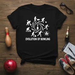 Evolution of Bowling text with silhouette graphics showing bowling history, on a black t-shirt