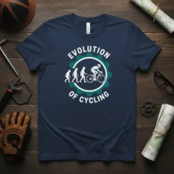 Navy blue t-shirt featuring the "Evolution of Cycling" text and graphic design showing human evolution leading to a cyclist