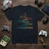 Evolution of Gaming Controllers T-Shirt featuring retro and modern gamepads connected by lines, with the word EVOLUTION below