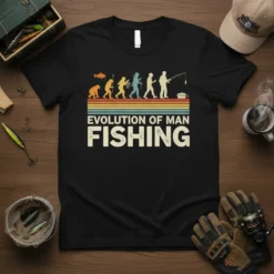 Evolution of Man Fishing t-shirt design showing human evolution culminating in a fisherman