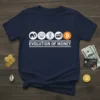 Evolution Of Money t-shirt design showing icons of an elephant, seashell, money bag, credit card, and Bitcoin logo