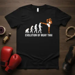 Evolution of Muay Thai t-shirt design showing human evolution leading to a Muay Thai fighter kicking