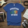 Evolution Of Rock t-shirt design with colorful human evolution graphic and musical notes