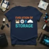 Navy blue t-shirt with "Evolution of Storage" text and icons for floppy disk, CD, USB, and cloud