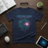 Evolving Minds Infinite Possibility t-shirt with a neon circuit board brain design and futuristic typography