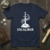 Excalibur sword in stone graphic t-shirt design with white text and swirling smoke effect