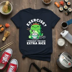 Funny dinosaur t-shirt with text "EXERCISE? I THOUGHT YOU SAID EXTRA RICE" eating rice