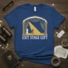 Exit Stage Left quote on a blue t-shirt with a graphic of a person running off a stage through an