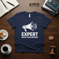 Navy t-shirt with white text "EXPERT ON MY OWN OPINION" and a megaphone graphic