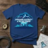 Exploding Electricity & Voltage Power! text design with lightning and city skyline graphic on a blue t-shirt